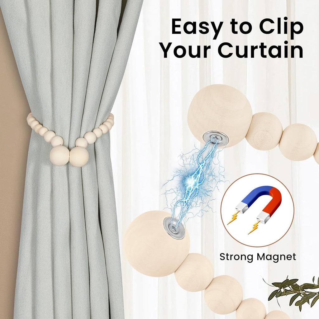 Magnetic Wood Bead Curtain Tiebacks, 2 Packs