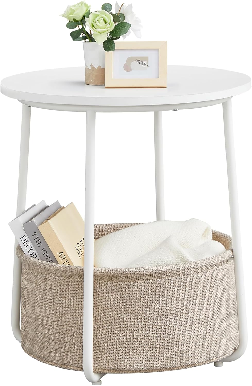 Round Side Table, Fabric Basket, White & Brown