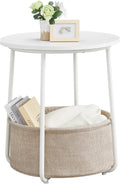 Round Side Table, Fabric Basket, White & Brown