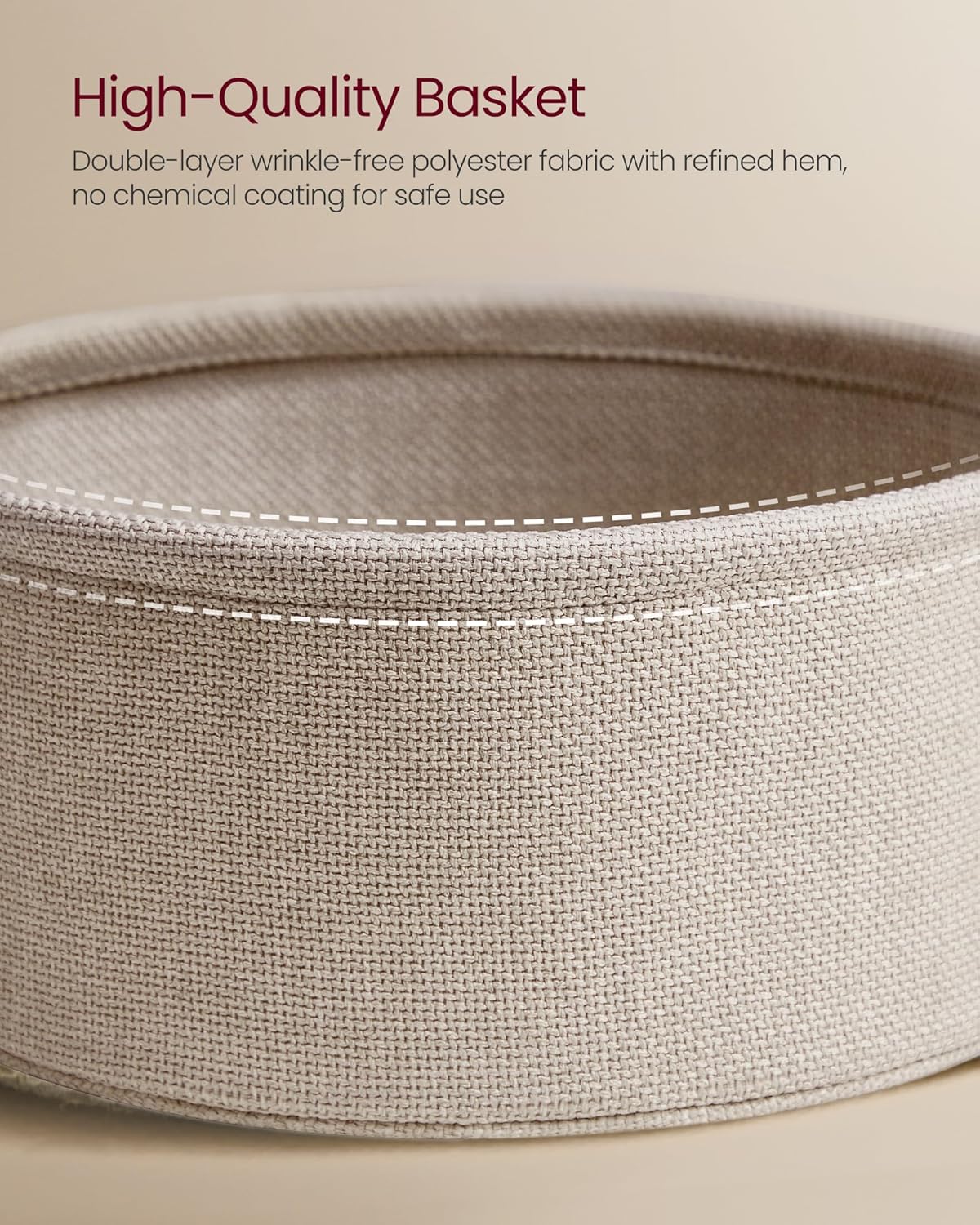 Round Side Table, Fabric Basket, White & Brown